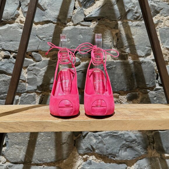 Christian Louboutin Hot Pink Suede Lace Up NVP 120 Peep Toe Pumps - Picture 2 of 12